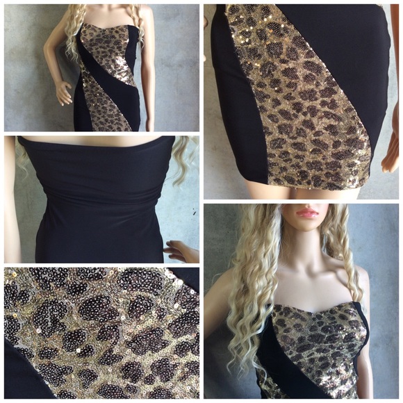 🍒 ANIMAL PRINT LEPORD DRESS MINI SHORT BLING GOLD CLUB SLIM PETITE SPARKLE - Picture 6 of 7